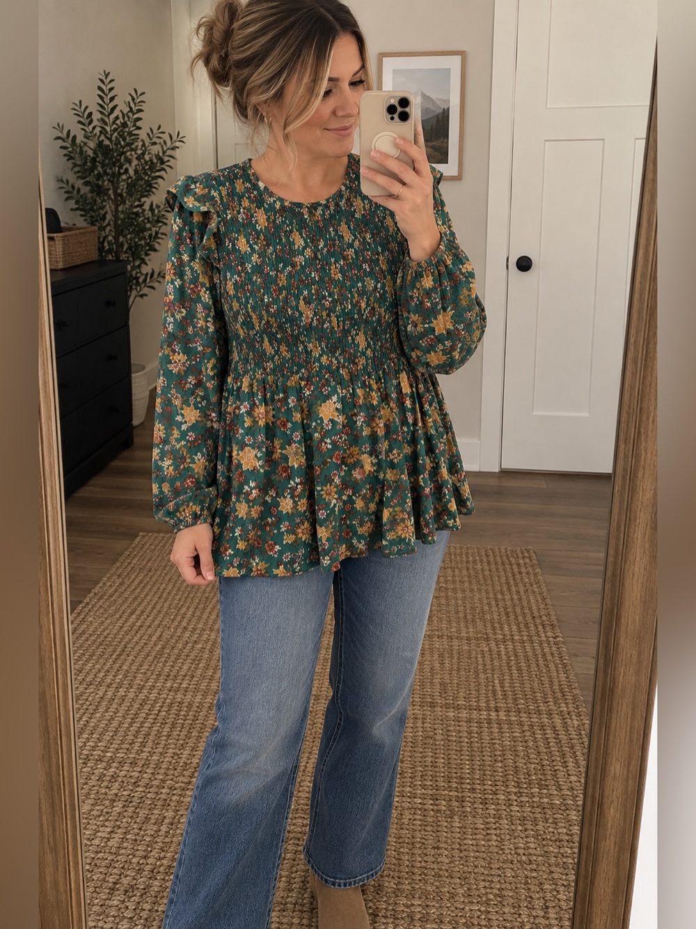 Torrid Size 1 Fall Green Floral Smocked Peplum Long Sleeve Top